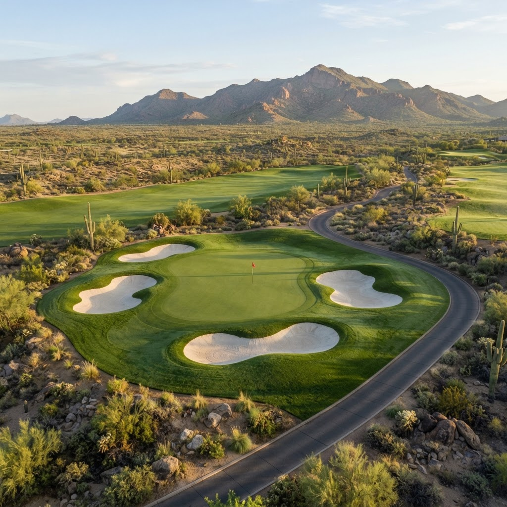 Desert golf course hole at golden hour